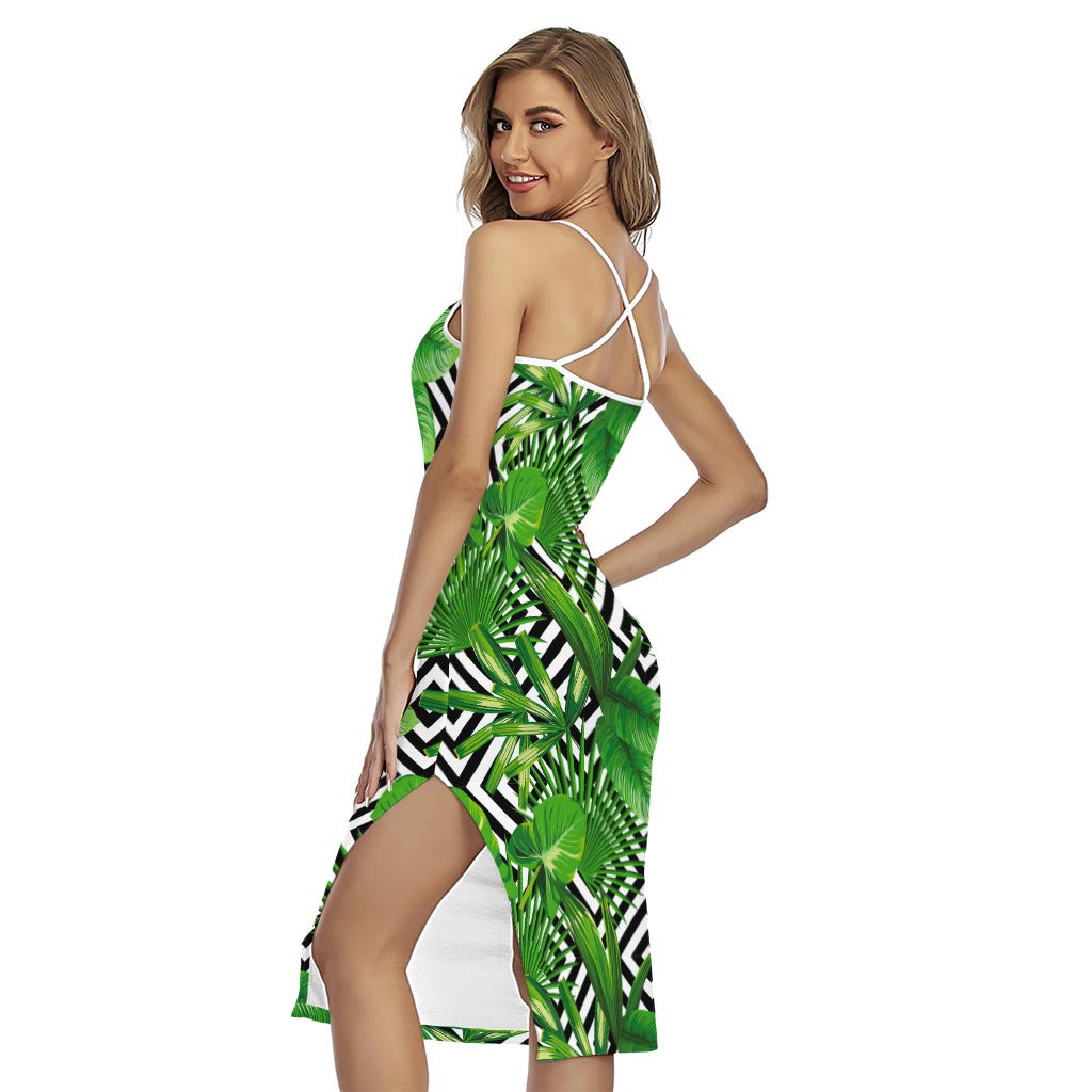 Exotic Tropical Leaves Pattern Print Cross Back Cami Dress