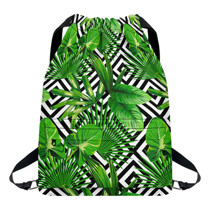 Exotic Tropical Leaves Pattern Print Drawstring Backpack