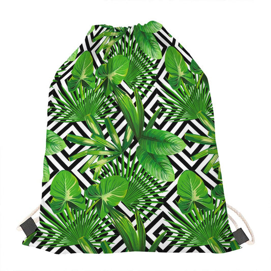Exotic Tropical Leaves Pattern Print Drawstring Bag