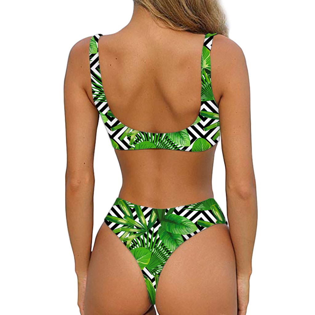 Exotic Tropical Leaves Pattern Print Front Bow Tie Bikini