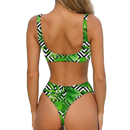 Exotic Tropical Leaves Pattern Print Front Bow Tie Bikini