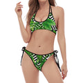 Exotic Tropical Leaves Pattern Print Halter Scoop Tie Side Bikini