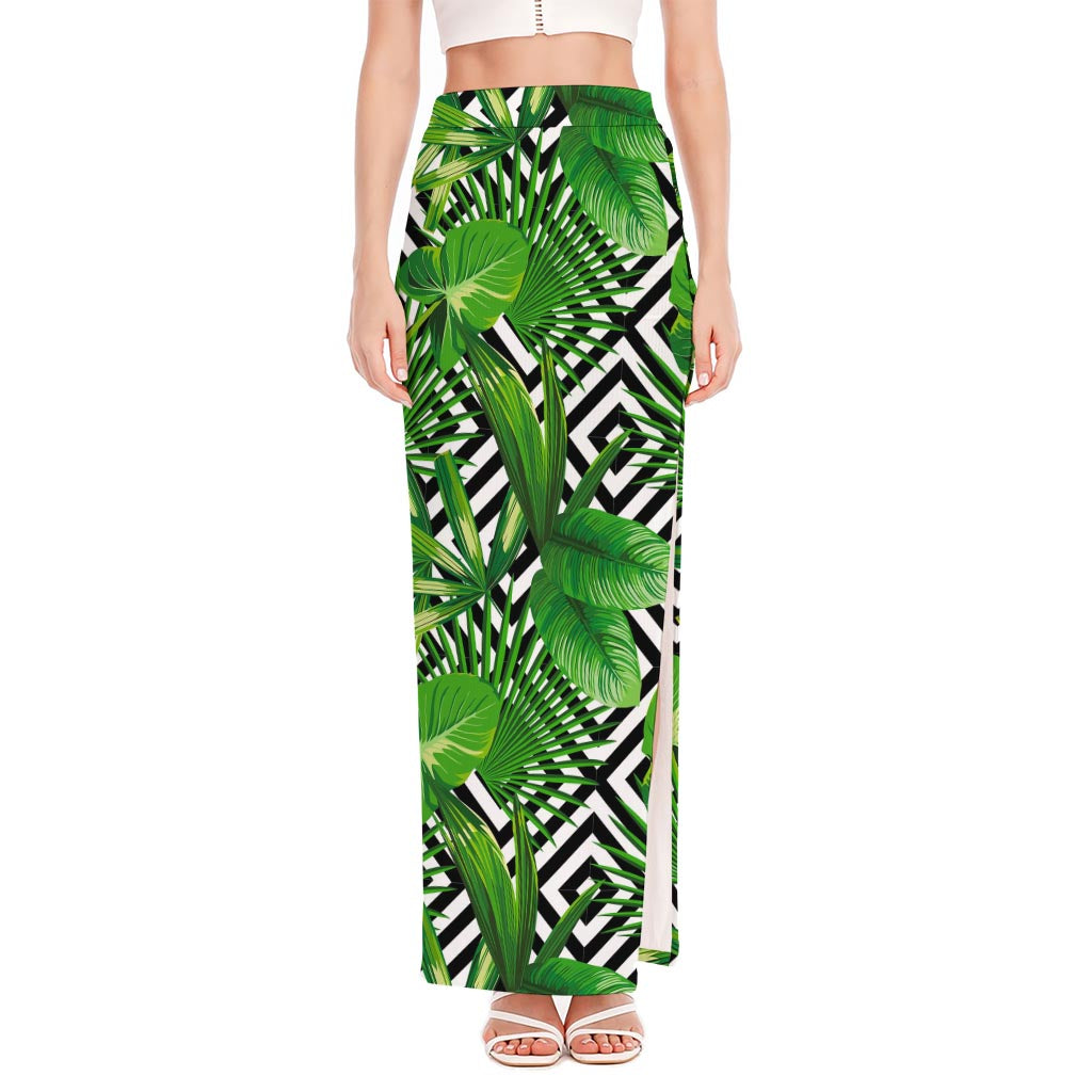 Exotic Tropical Leaves Pattern Print High Slit Maxi Skirt