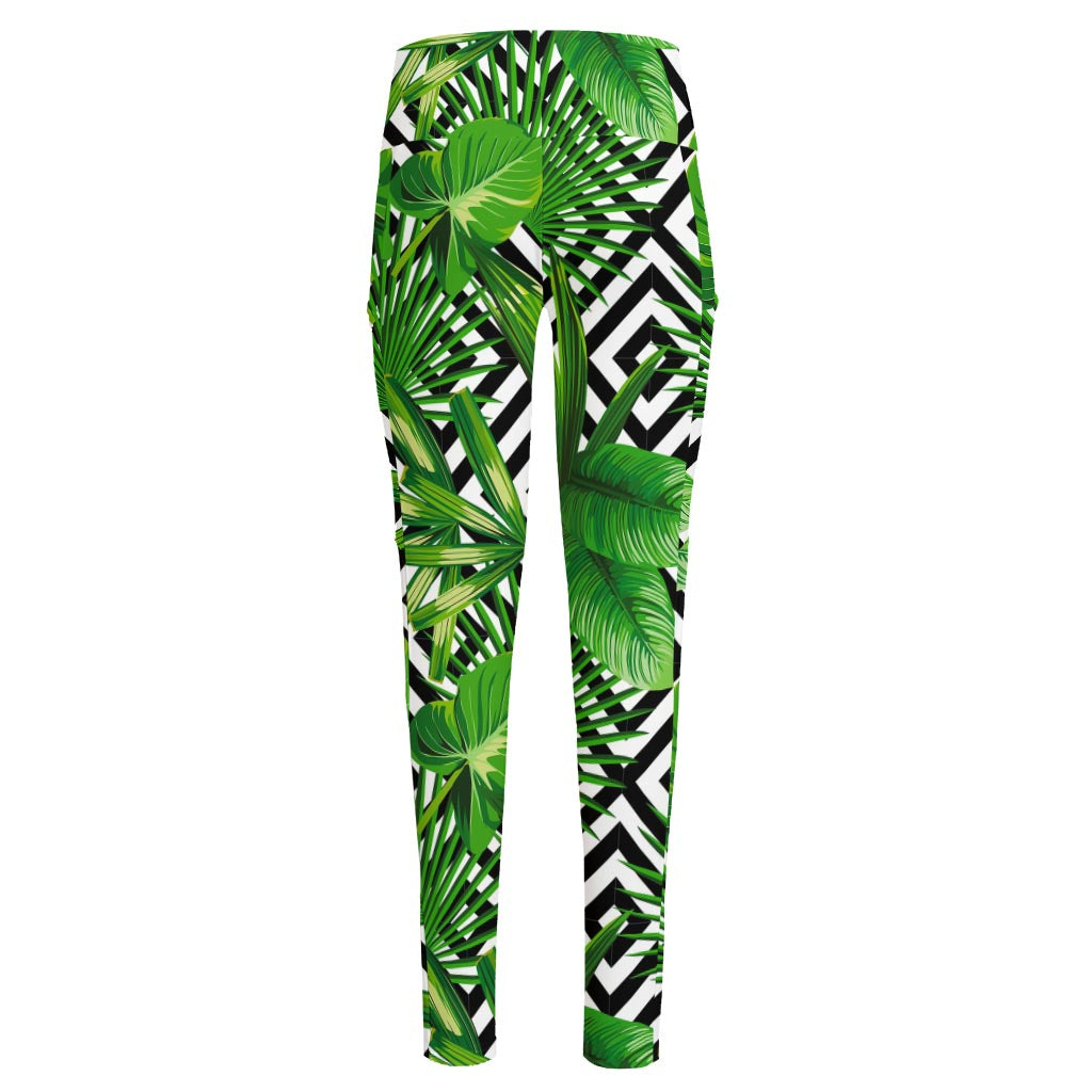 Exotic Tropical Leaves Pattern Print High-Waisted Pocket Leggings