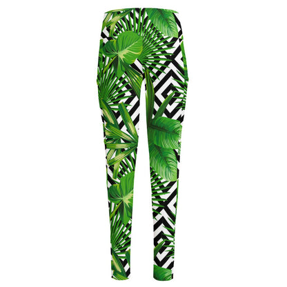 Exotic Tropical Leaves Pattern Print High-Waisted Pocket Leggings