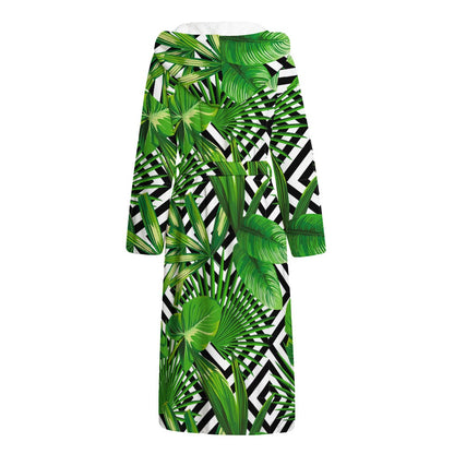 Exotic Tropical Leaves Pattern Print Hooded Bathrobe