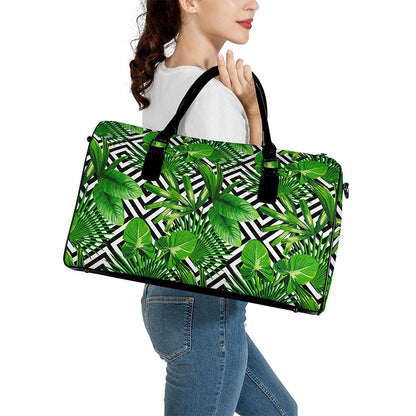 Exotic Tropical Leaves Pattern Print Leather Duffle Bag
