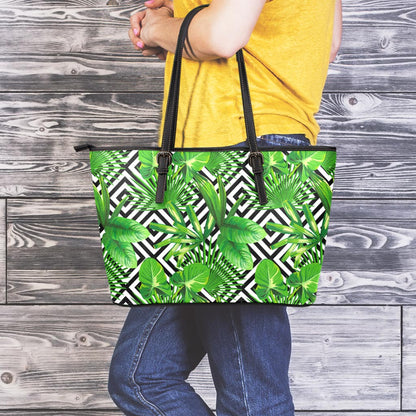 Exotic Tropical Leaves Pattern Print Leather Tote Bag