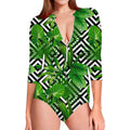 Exotic Tropical Leaves Pattern Print Long Sleeve Swimsuit