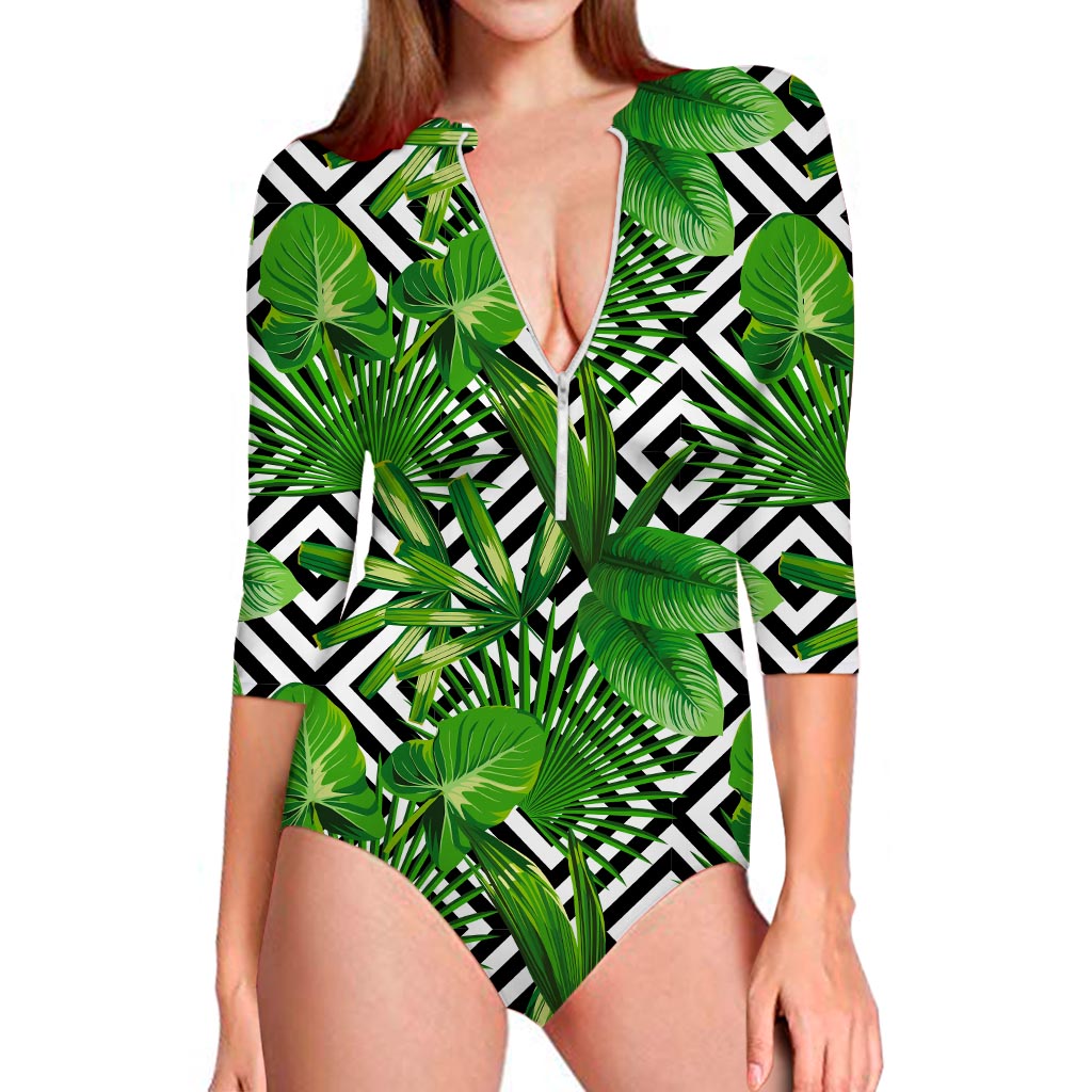 Exotic Tropical Leaves Pattern Print Long Sleeve Swimsuit