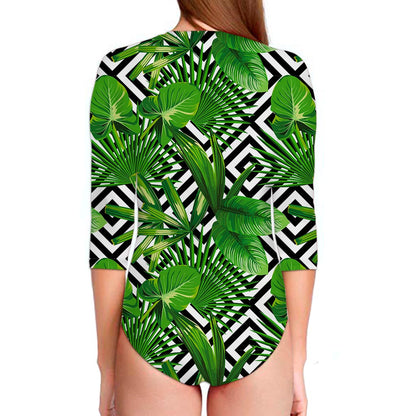 Exotic Tropical Leaves Pattern Print Long Sleeve Swimsuit