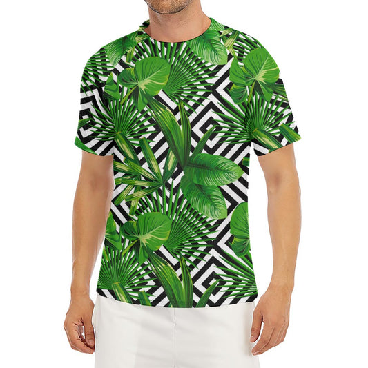 Exotic Tropical Leaves Pattern Print Men's Short Sleeve Rash Guard
