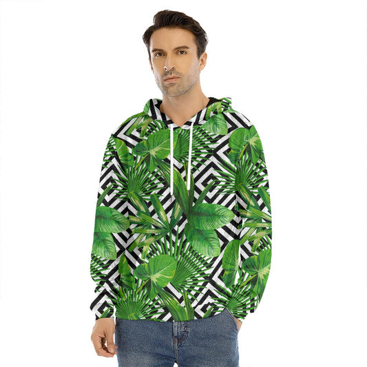 Exotic Tropical Leaves Pattern Print Men's Velvet Pullover Hoodie