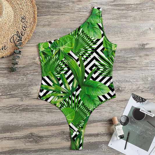 Exotic Tropical Leaves Pattern Print One Shoulder Bodysuit