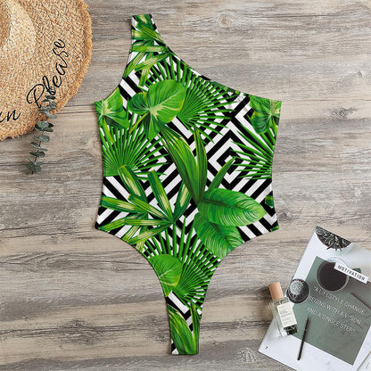 Exotic Tropical Leaves Pattern Print One Shoulder Bodysuit