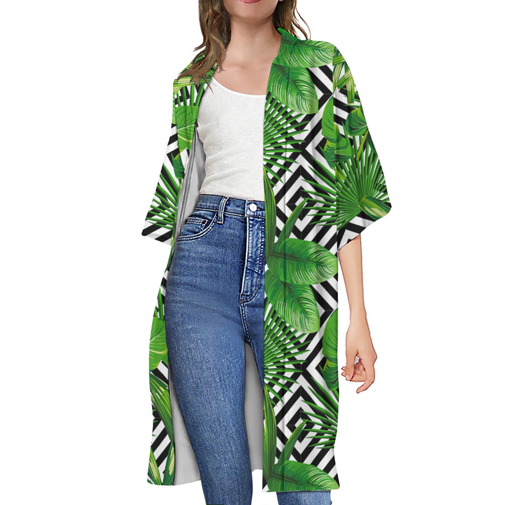 Exotic Tropical Leaves Pattern Print Open Front Beach Cover Up
