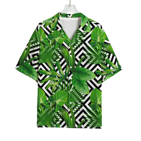 Exotic Tropical Leaves Pattern Print Rayon Hawaiian Shirt