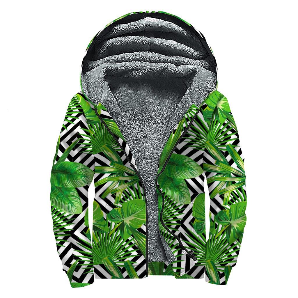 Exotic Tropical Leaves Pattern Print Sherpa Lined Zip Up Hoodie