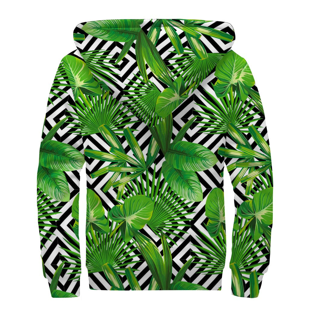 Exotic Tropical Leaves Pattern Print Sherpa Lined Zip Up Hoodie