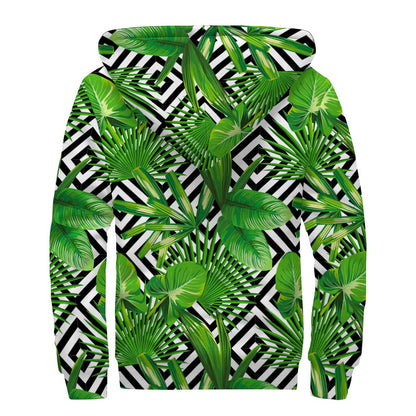 Exotic Tropical Leaves Pattern Print Sherpa Lined Zip Up Hoodie