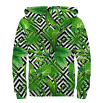 Exotic Tropical Leaves Pattern Print Sherpa Lined Zip Up Hoodie