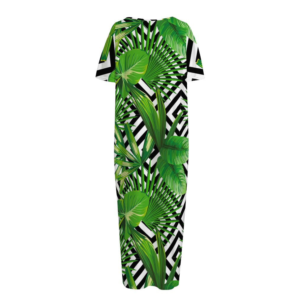 Exotic Tropical Leaves Pattern Print Short Sleeve Long Nightdress