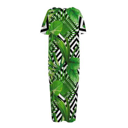 Exotic Tropical Leaves Pattern Print Short Sleeve Long Nightdress