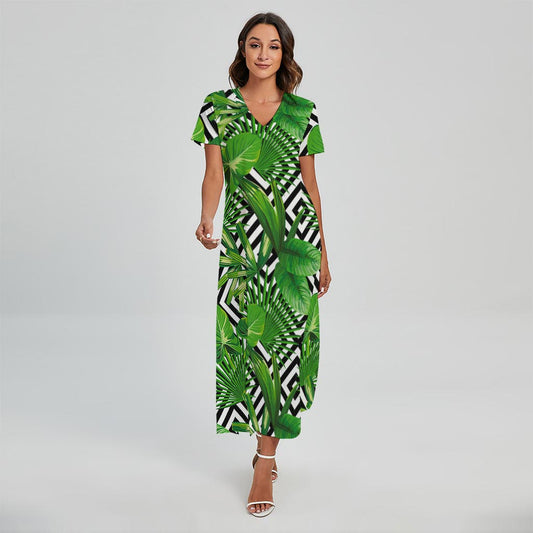 Exotic Tropical Leaves Pattern Print Short Sleeve Maxi Dress