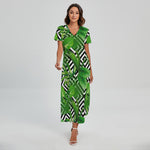 Exotic Tropical Leaves Pattern Print Short Sleeve Maxi Dress