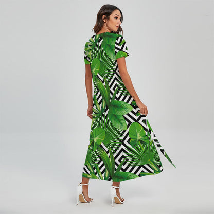 Exotic Tropical Leaves Pattern Print Short Sleeve Maxi Dress