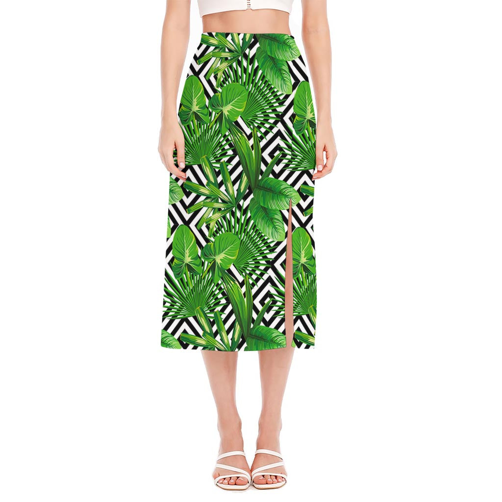 Exotic Tropical Leaves Pattern Print Side Slit Midi Skirt
