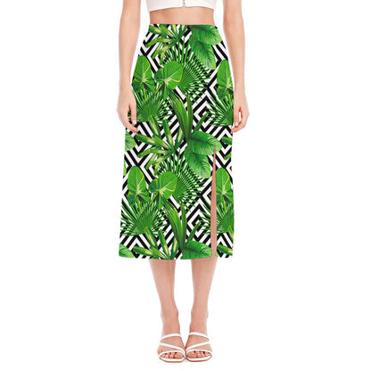 Exotic Tropical Leaves Pattern Print Side Slit Midi Skirt