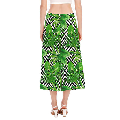 Exotic Tropical Leaves Pattern Print Side Slit Midi Skirt