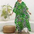 Exotic Tropical Leaves Pattern Print Silk V-Neck Kaftan Dress