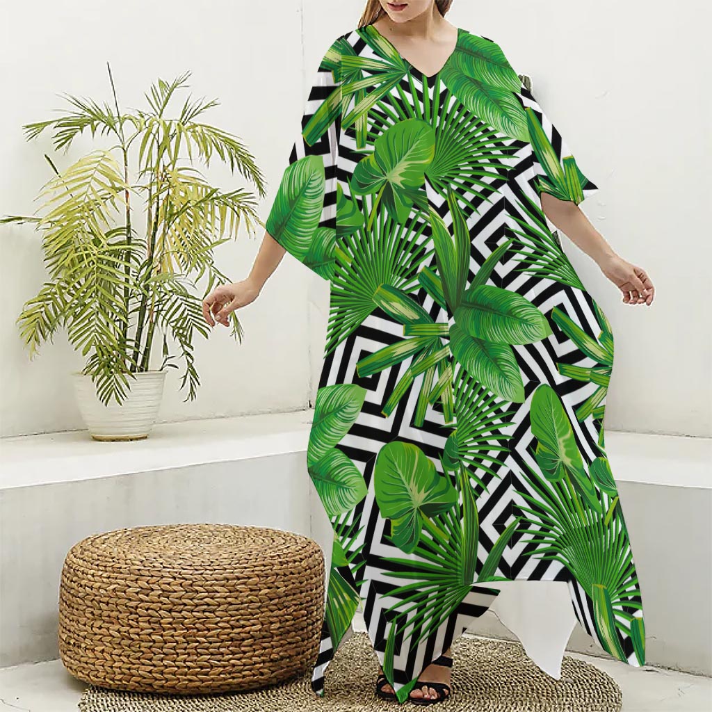 Exotic Tropical Leaves Pattern Print Silk V-Neck Kaftan Dress