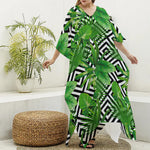 Exotic Tropical Leaves Pattern Print Silk V-Neck Kaftan Dress