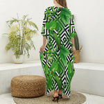 Exotic Tropical Leaves Pattern Print Silk V-Neck Kaftan Dress