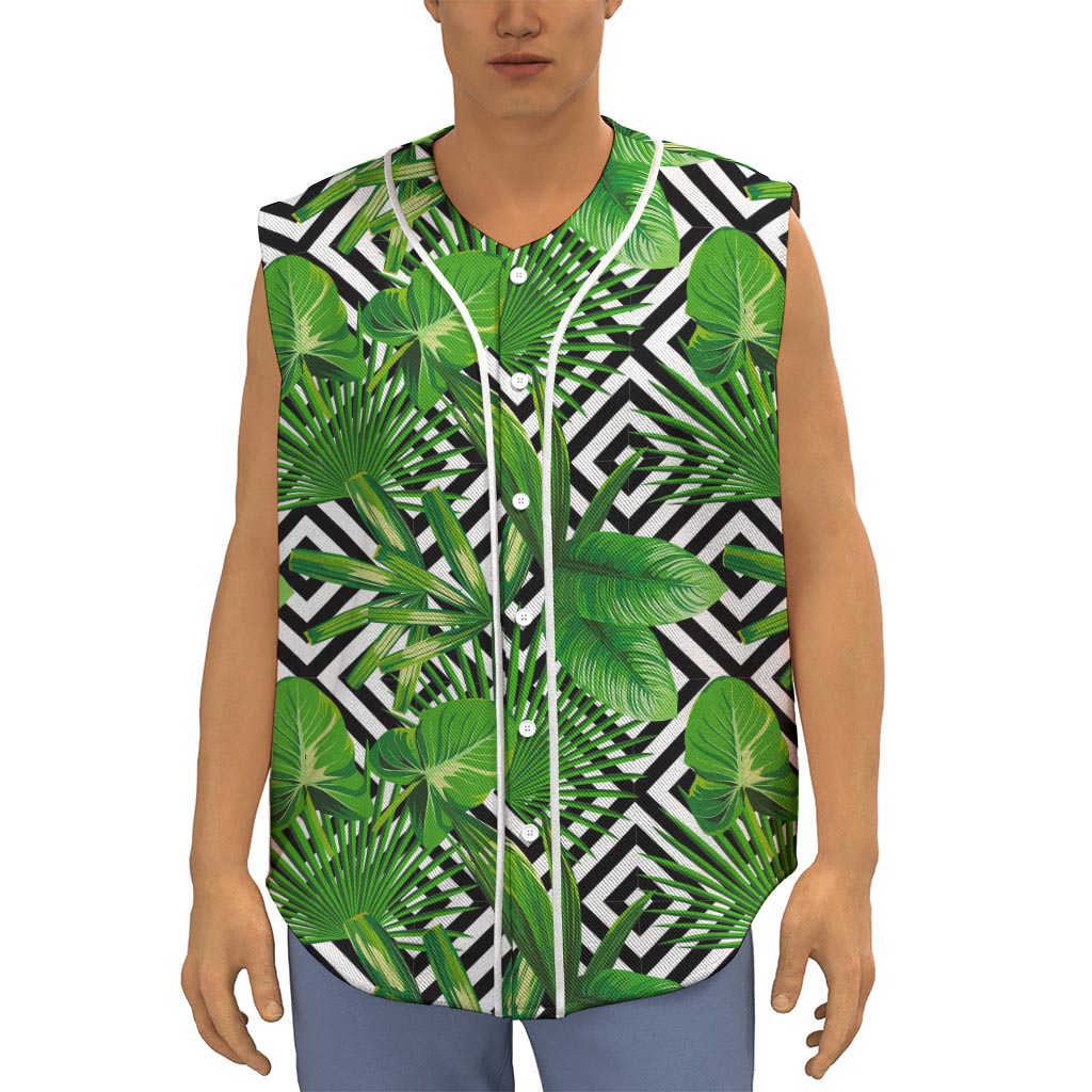 Exotic Tropical Leaves Pattern Print Sleeveless Baseball Jersey