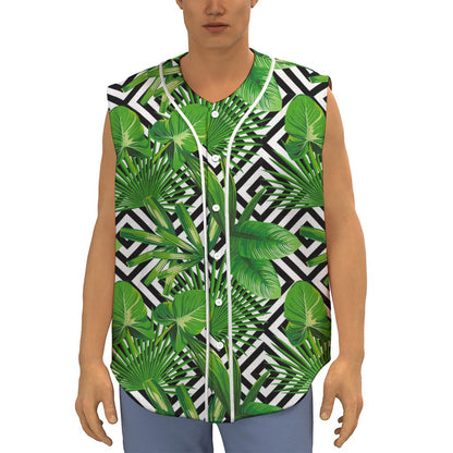 Exotic Tropical Leaves Pattern Print Sleeveless Baseball Jersey