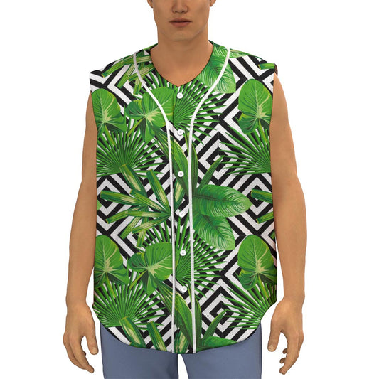 Exotic Tropical Leaves Pattern Print Sleeveless Baseball Jersey
