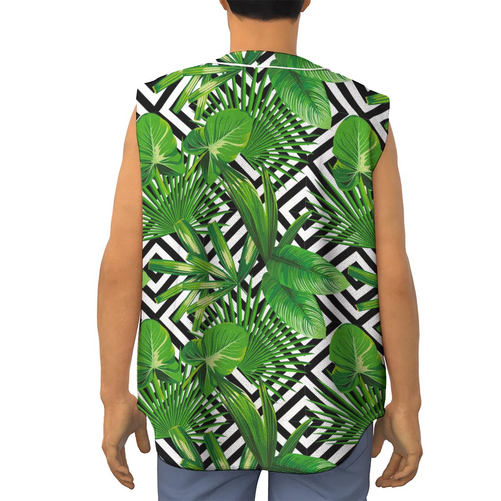Exotic Tropical Leaves Pattern Print Sleeveless Baseball Jersey