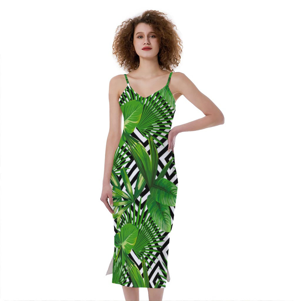 Exotic Tropical Leaves Pattern Print Slim Fit Midi Cami Dress