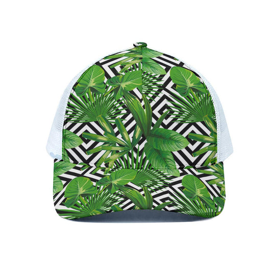 Exotic Tropical Leaves Pattern Print White Mesh Trucker Cap