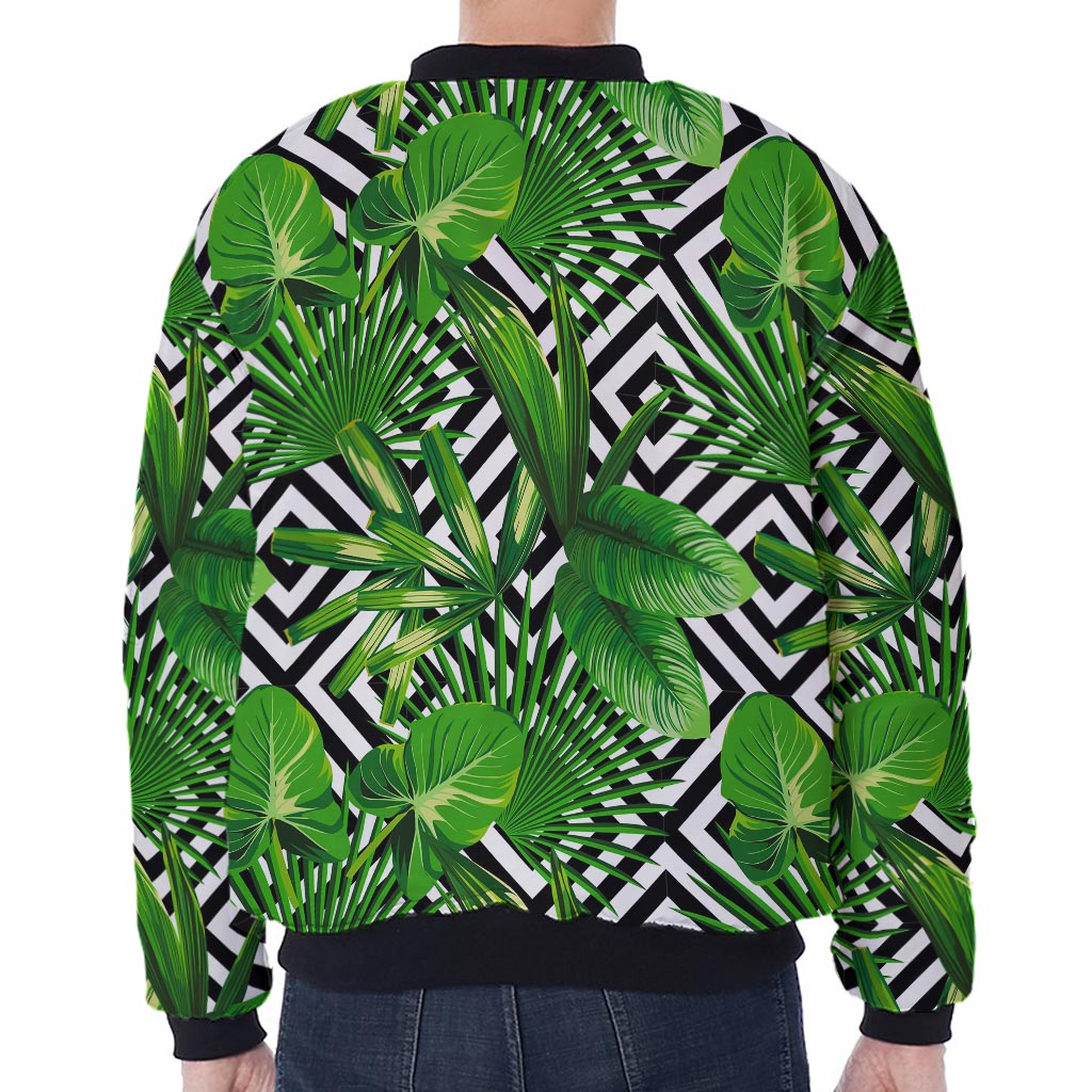 Exotic Tropical Leaves Pattern Print Zip Sleeve Bomber Jacket