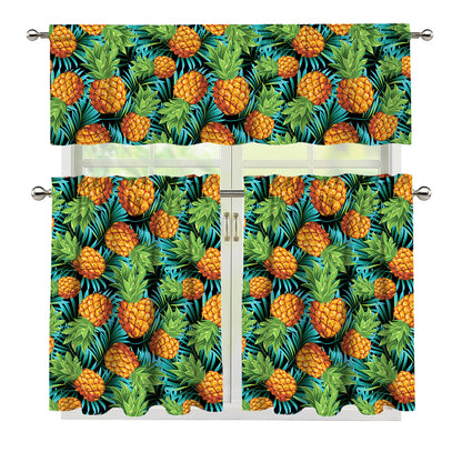 Exotic Tropical Pineapple Pattern Print 3 Piece Kitchen Curtains