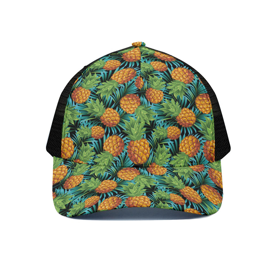 Exotic Tropical Pineapple Pattern Print Black Mesh Trucker Cap