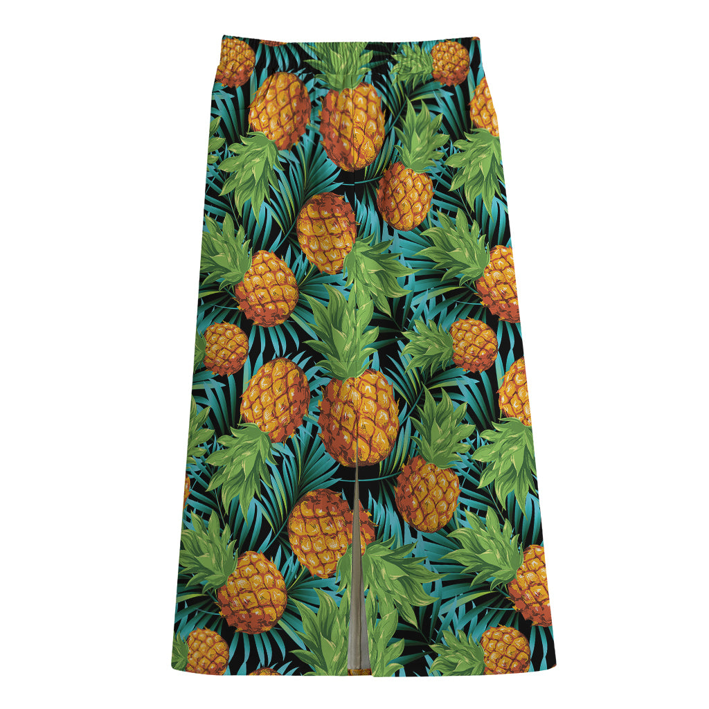 Exotic Tropical Pineapple Pattern Print Cotton Front Slit Maxi Skirt