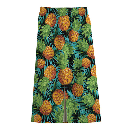 Exotic Tropical Pineapple Pattern Print Cotton Front Slit Maxi Skirt