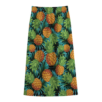 Exotic Tropical Pineapple Pattern Print Cotton Front Slit Maxi Skirt