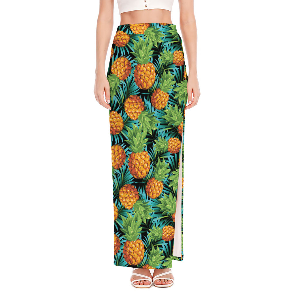 Exotic Tropical Pineapple Pattern Print High Slit Maxi Skirt